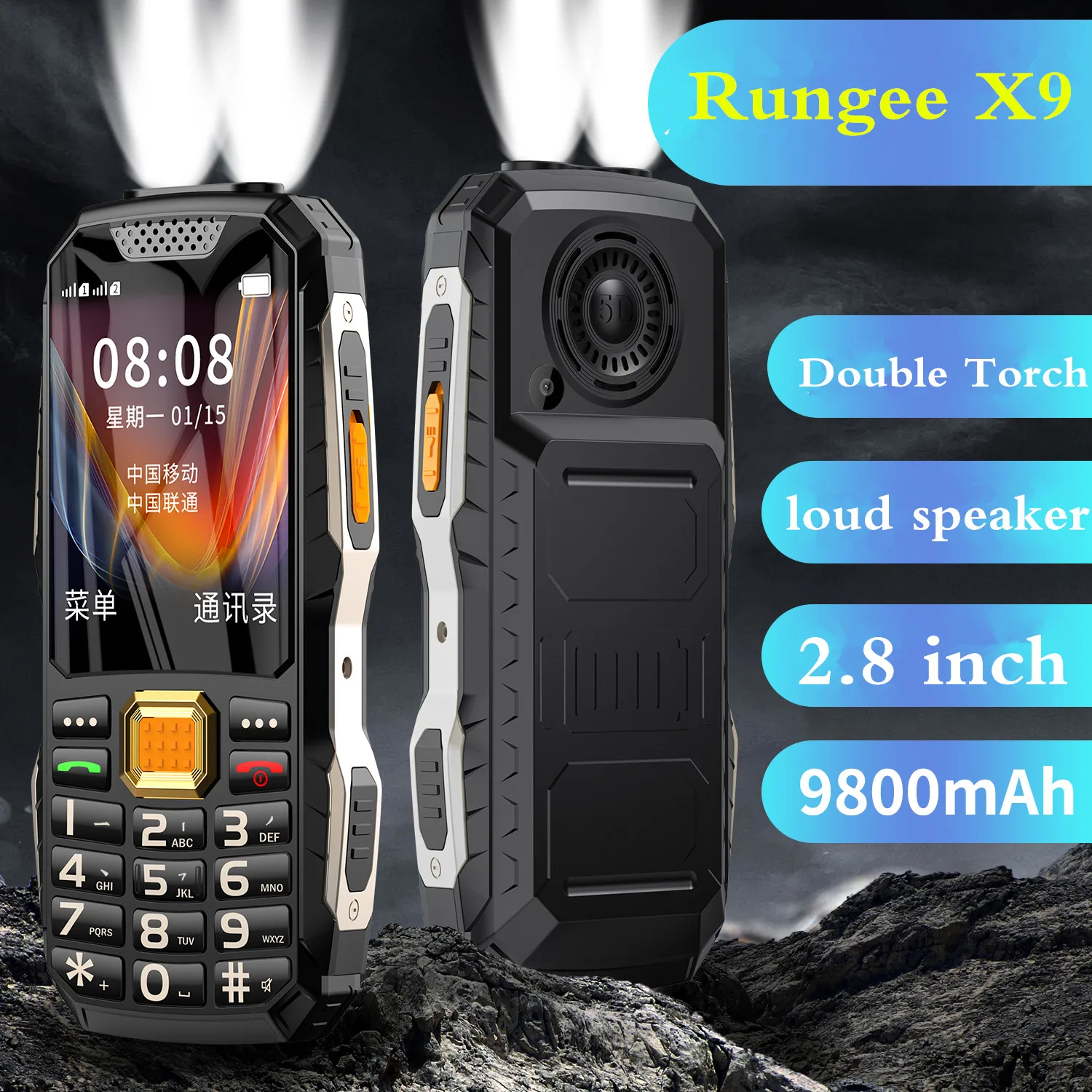 Imagem -03 - Rungee x9 Rugged Phone Gms Bateria Grande Dual Sim Dual Led Torch Alto Volume do Telefone Antigo a Lanterna de Luz Forte