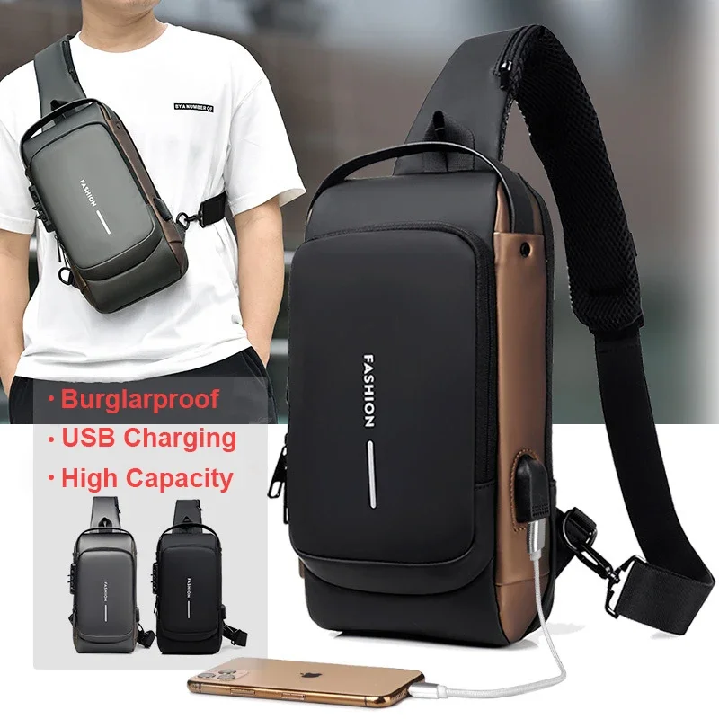 방수 캐주얼 가슴 가방 남자 다기능 도난 방지 USB 충전 남자 Crossbody 가방 특허 가죽 여행 가슴 가방 팩 Mal