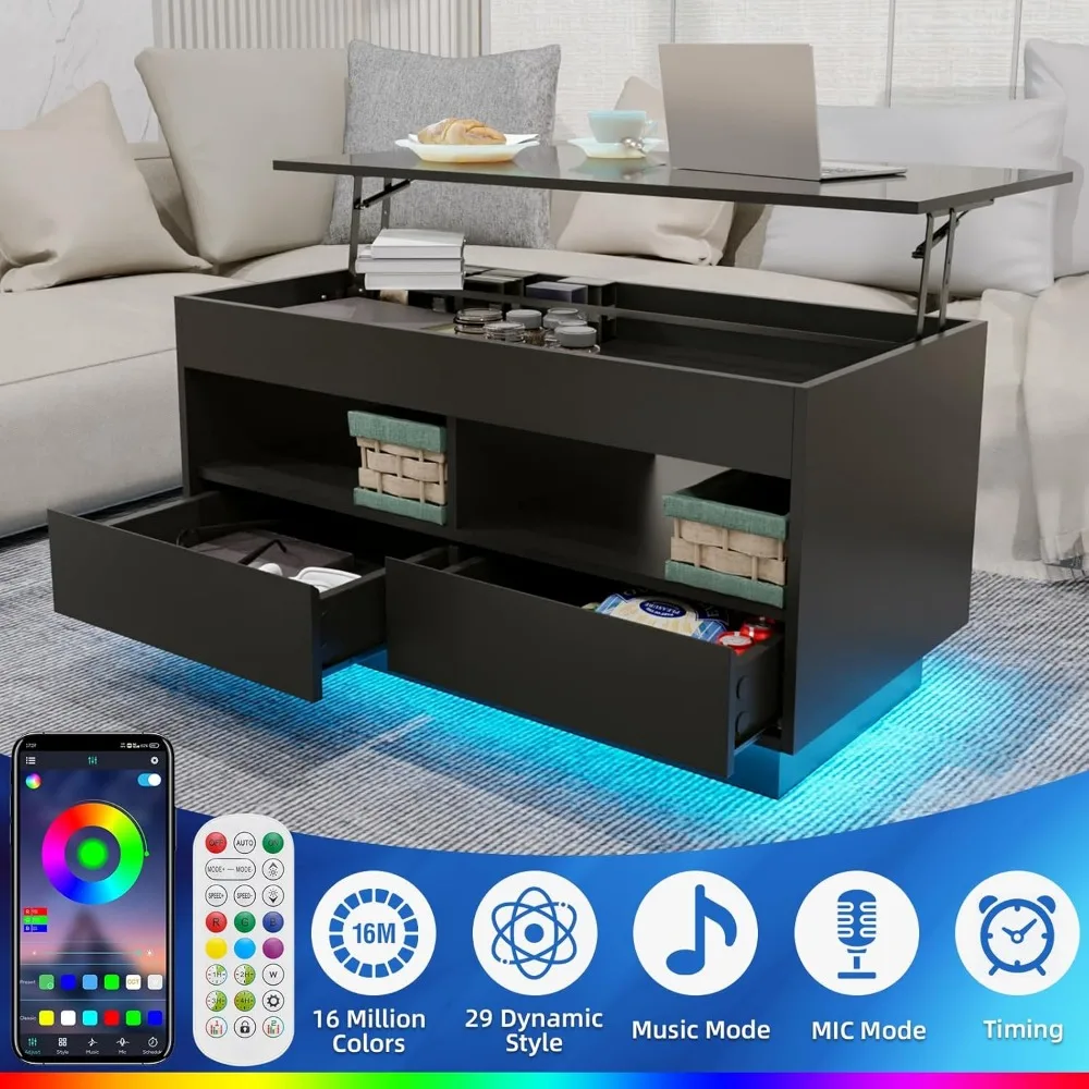 Coffee Table with LED Light Storage Black Coffee Table for Living Room  Tea Table  Compartment & 2 Open Shelve & 2 Drawers