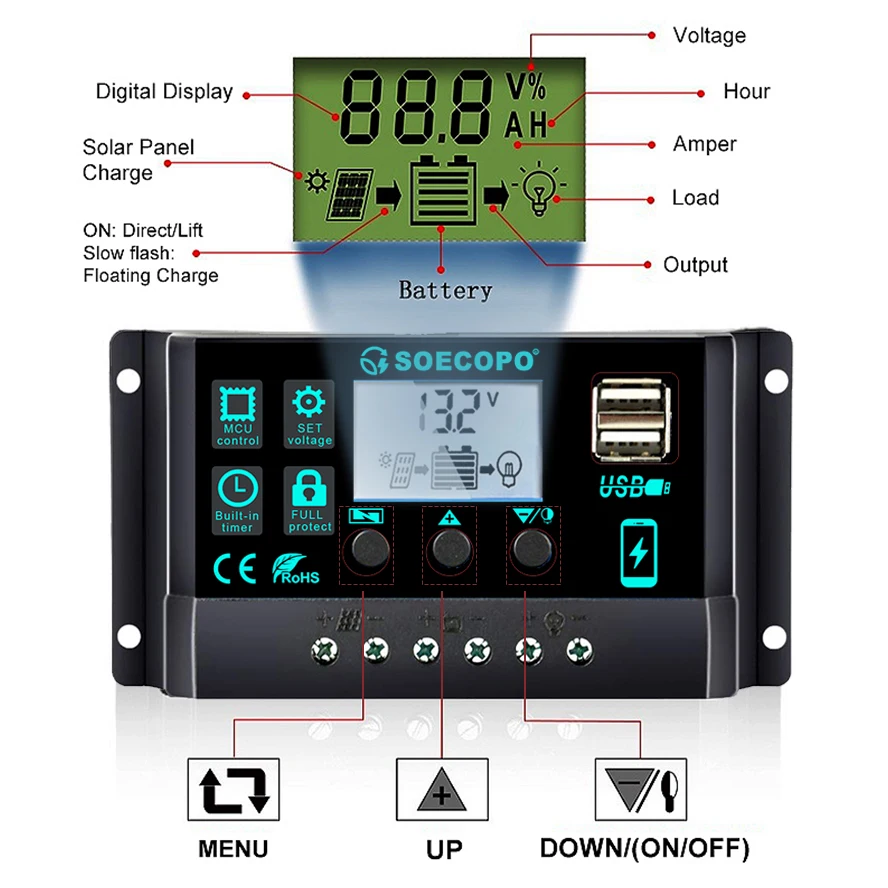 12V/24V 100A Solar Charge Controller AutoSwitch LCD Display with Overcharge/Short Circuit Protection for RV Boat Off-Grid System