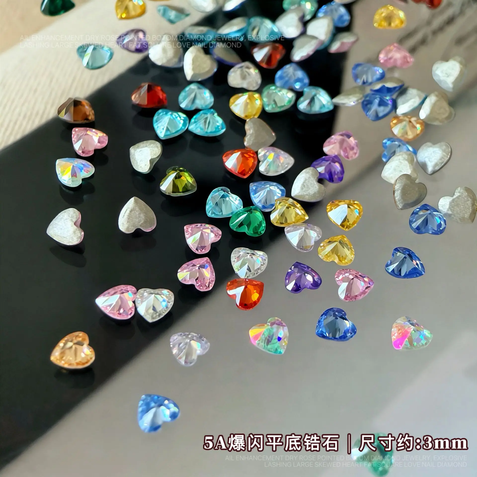 3mm Mini Heart Nail Zircon Diamond Sparkle Flat Bottom Inverted Edge Peach Heart Colored Heart Zircon Mixed Nail Accessories