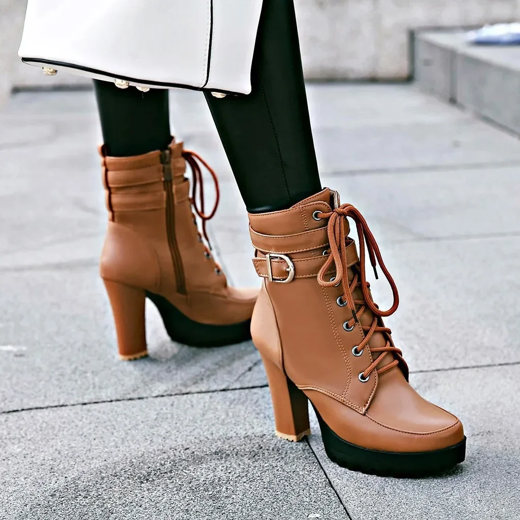 Botines de tacón alto para mujer, botas con plataforma con cordones para otoño e invierno, zapatos de moda de talla grande, blanco, negro y marrón 2024