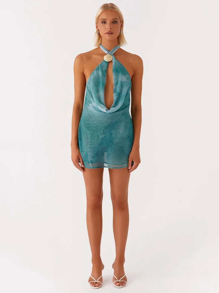Tie Dye Halter Backless Sexy Mini Dress Women Robe Hollow Out Off-shoulder Sleeveless Beach Club Party Dress Elegant