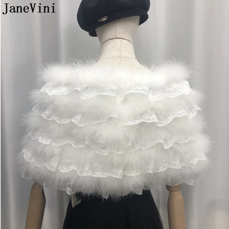 JaneVini Ostrich Feathers Lace Wedding Jacket White Fur Shawl Wedding Cloak Capes for Bride Capa Blanca Bridal Shrug Bolero Wrap