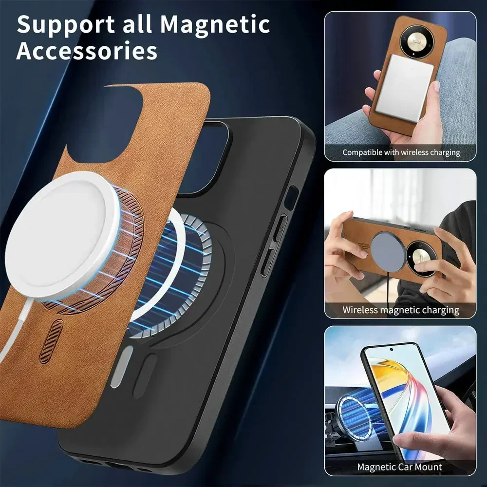 Honor Magic 6 Pro 6 Lite 5G Luxury Case Leather Back Panel for Magsafe Honor Magic 7 Pro Case Phone Magic6 Pro Magnet Cover Etui