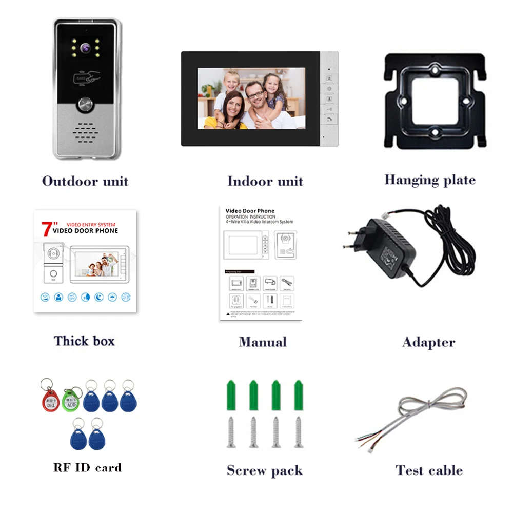 4 Wired Video Intercom System RFID Unlock Camera Doorbell with 7 Inch Screen Night Vision Home Door Bell for Villa