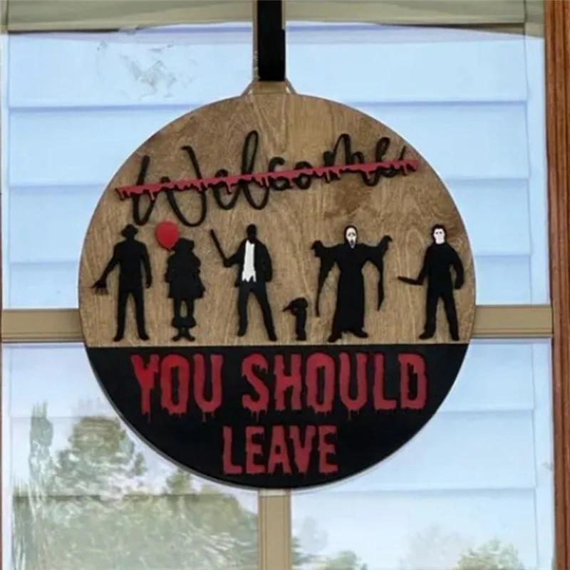 ABUI-Welcome Halloween شخصيات فيلم الرعب علامة الباب الأمامي ديكور داخلي للتعليق على الحائط