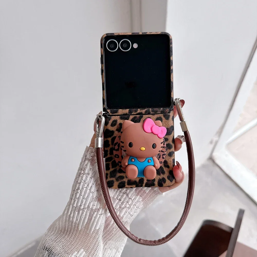 

Чехол для телефона Sanrio Hello Kitty с леопардовым держателем Magsafe с беспроводной зарядкой для Samsung Galaxy Z Flip 7, 6, 5, магнитный чехол с принтом