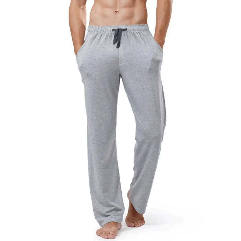 Men Home Pants Solid Color Elastic Waist Men Pajama Pants Pockets Drawstring Homewear Trousers Male Clothing