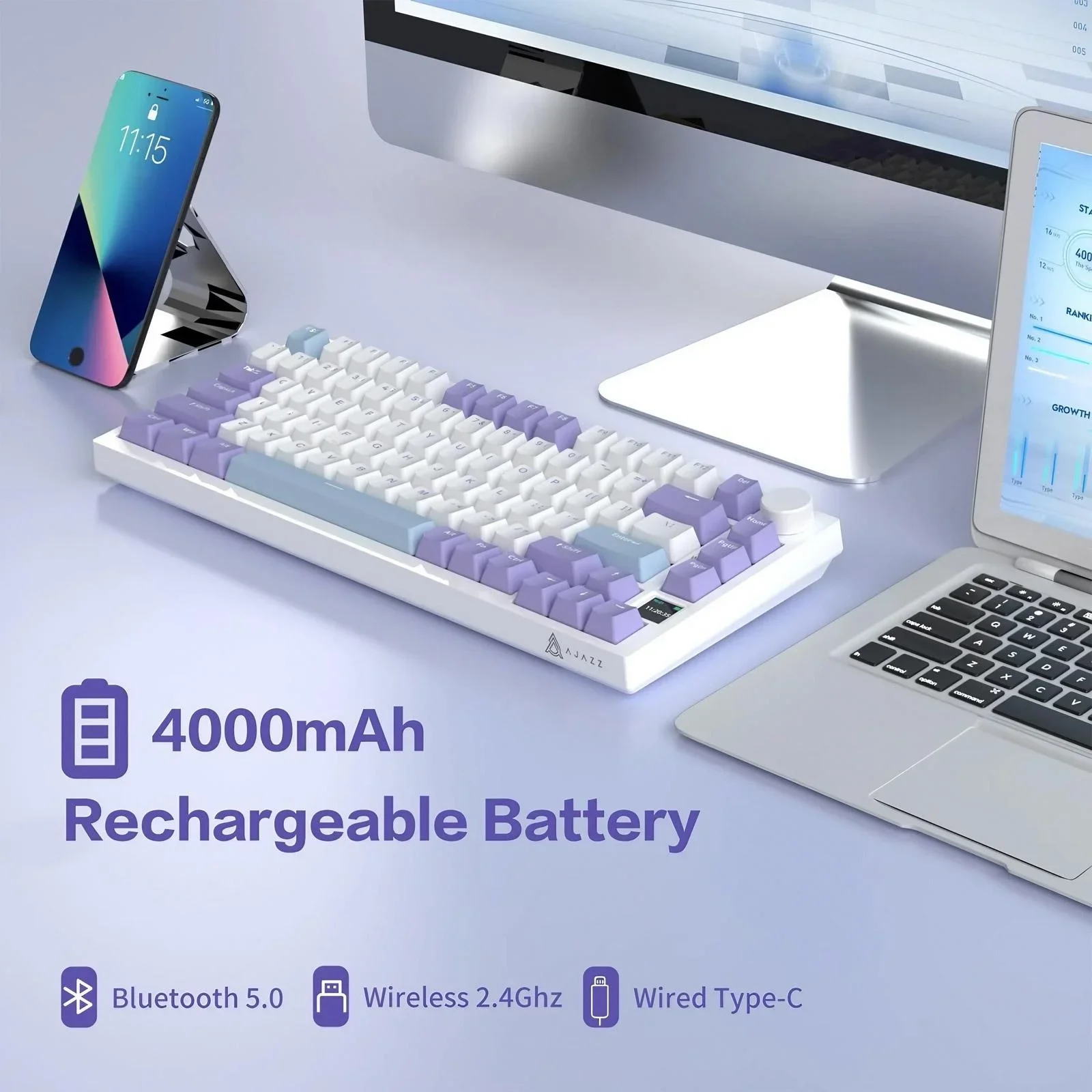 คีย์บอร์ดแบบ Hot Swap 75 ปุ่ม พร้อมไฟ RGB LED หน้าจอ TFT แบตเตอรี่ 4000mAh เชื่อมต่อแบบ BT 24G แบบมีสาย ควบคุมด้วยปุ่มหมุน สำหรับอีสปอร์ต รองรับ Windows และ Mac