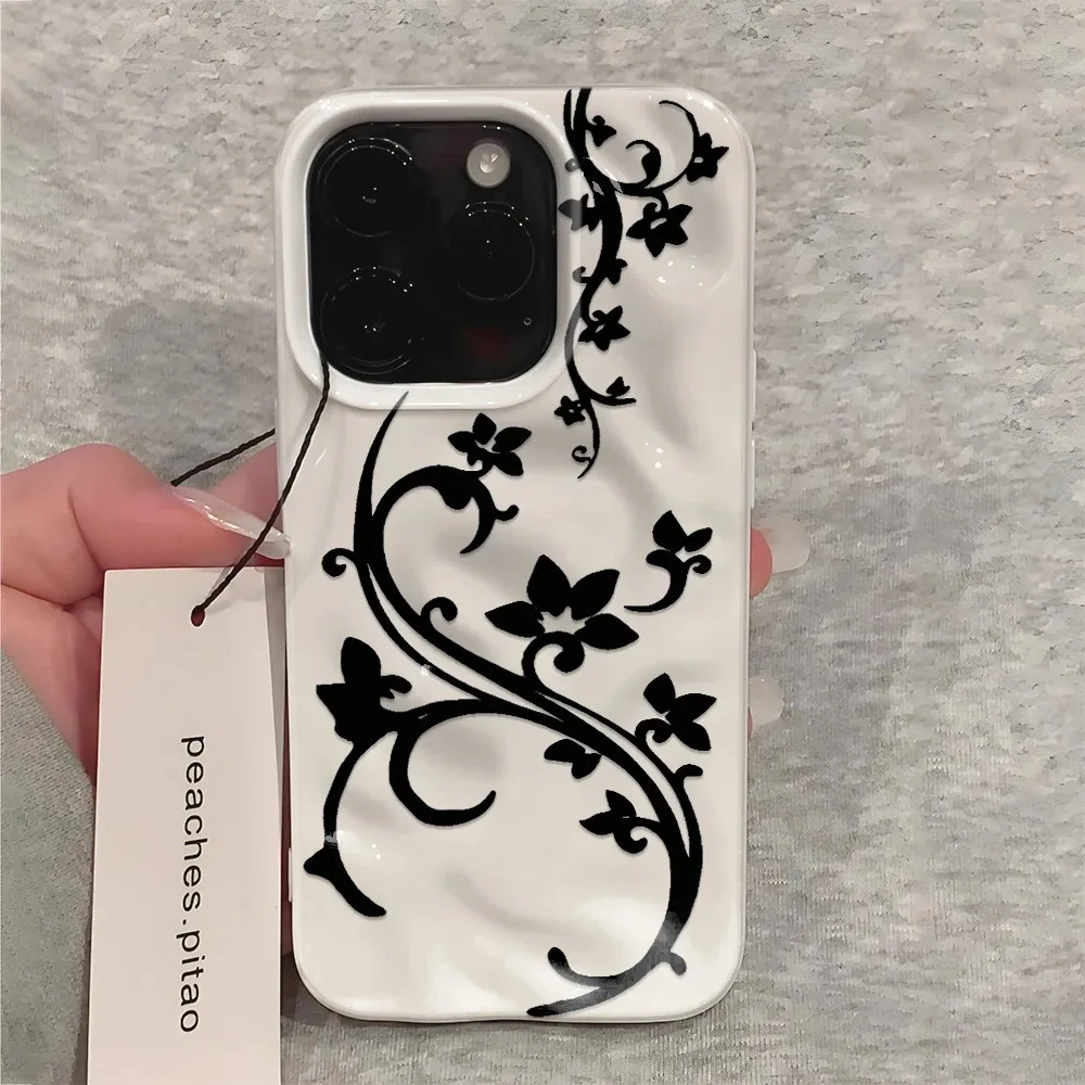 

Shockproof Soft TPU Phone Case for iPhone 17 Pro Max 16 Plus 15 Pro 14 13 12 11 Pro Max 17 Air 16E Black Floral Vines Wavy Cover