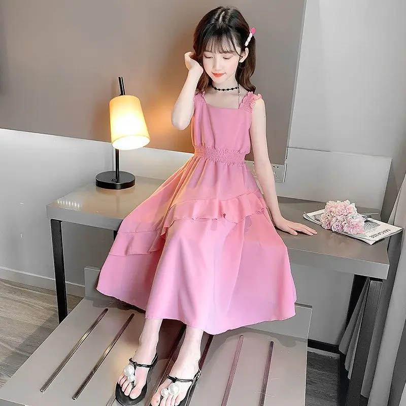 Teenager-Mädchen Sommerkleider 2026 Neu Kinder Lässiges Einfarbiges Ärmelloses Trägerkleid mit Taillengürtel Kinder Urlaubsstil Prinzessinnenkleid – Detail 6