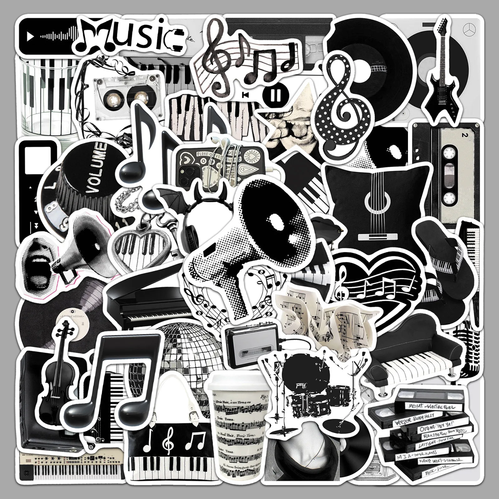 

50PCS Black and White Music Ins Style Stickers DIY Mobile Phone Case Skateboard Waterproof Water Cup Notebook Toy Gift Sticker