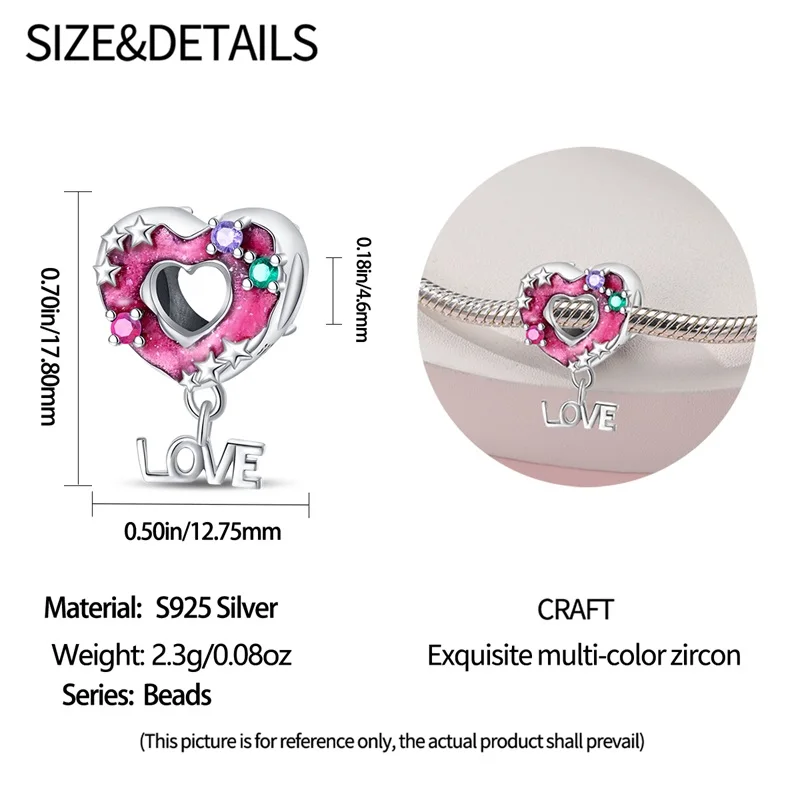 Original 925 Sterling Silver Pink Heart-Shaped Hollow Donut Star Charm Fit DIY Bracelet Necklace Women's Date Accessory