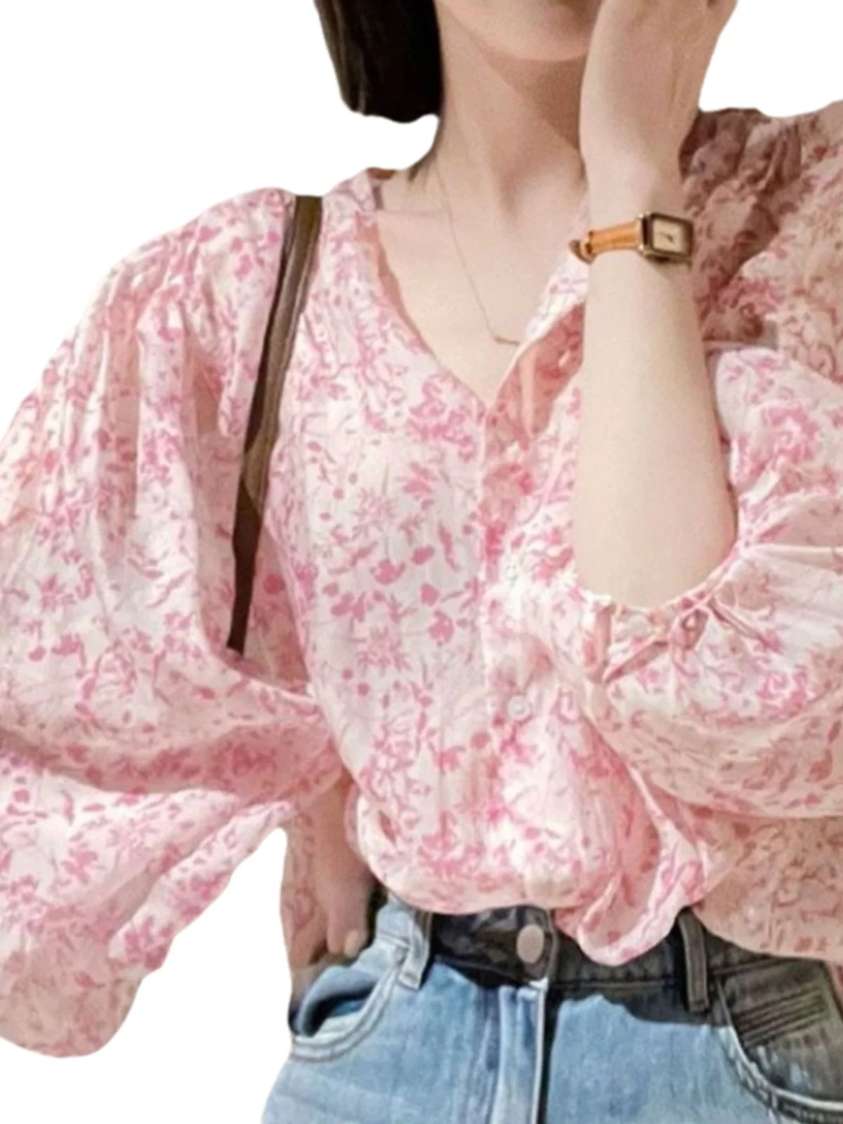 الربيع الصيف الأزهار طباعة فقاعة Sve irt المرأة فضفاضة V-Ne الشمس حماية مفتوحة سترة أعلى ريترو Sle طويل Sve #5