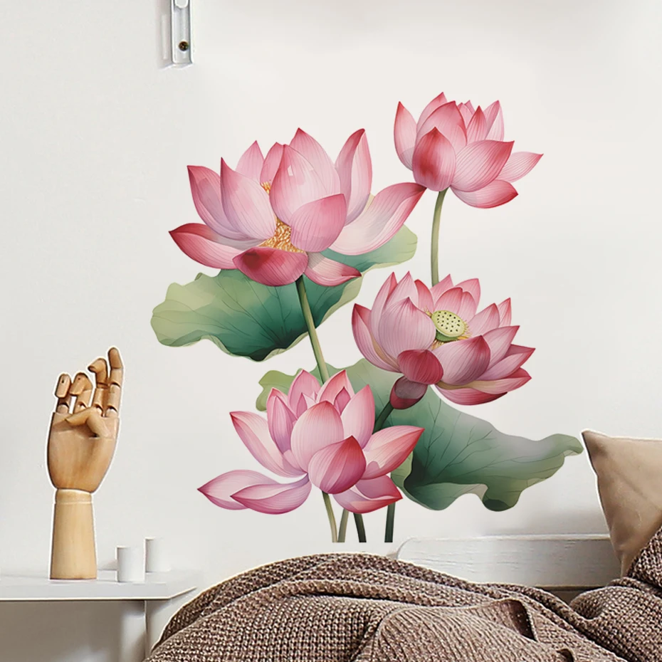 Watercolor Lotus Leaves Lotus Wall Stickers Painted Wall Decals for Living Room Bedroom Home Wall Decoration