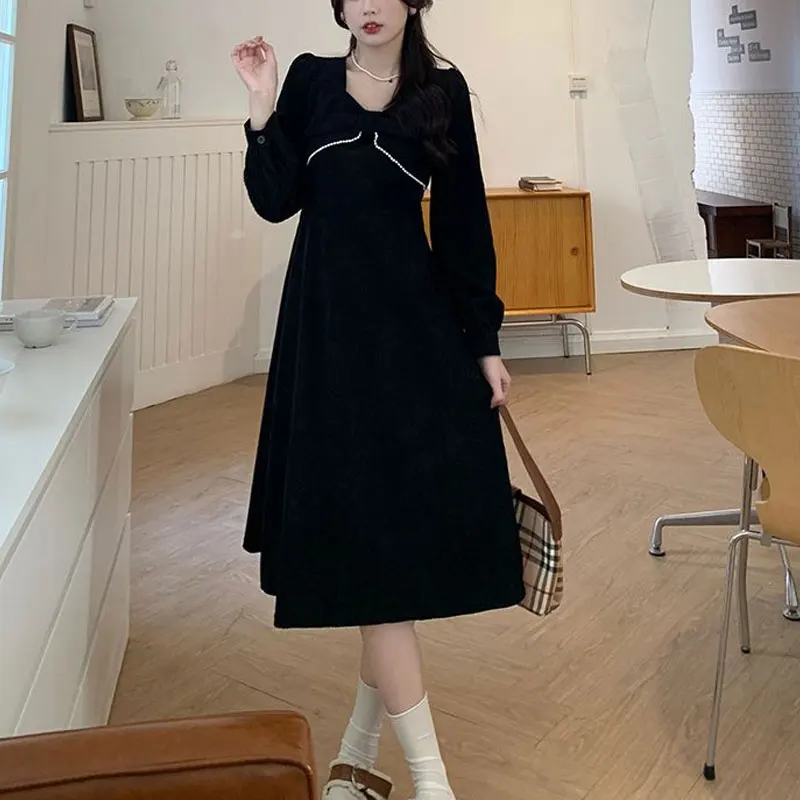 Corduroy Stylish Bow Beading Dresses Female Clothing French Style A-Line Waist Autumn Winter Vintage Elegant V-Neck Midi Dress