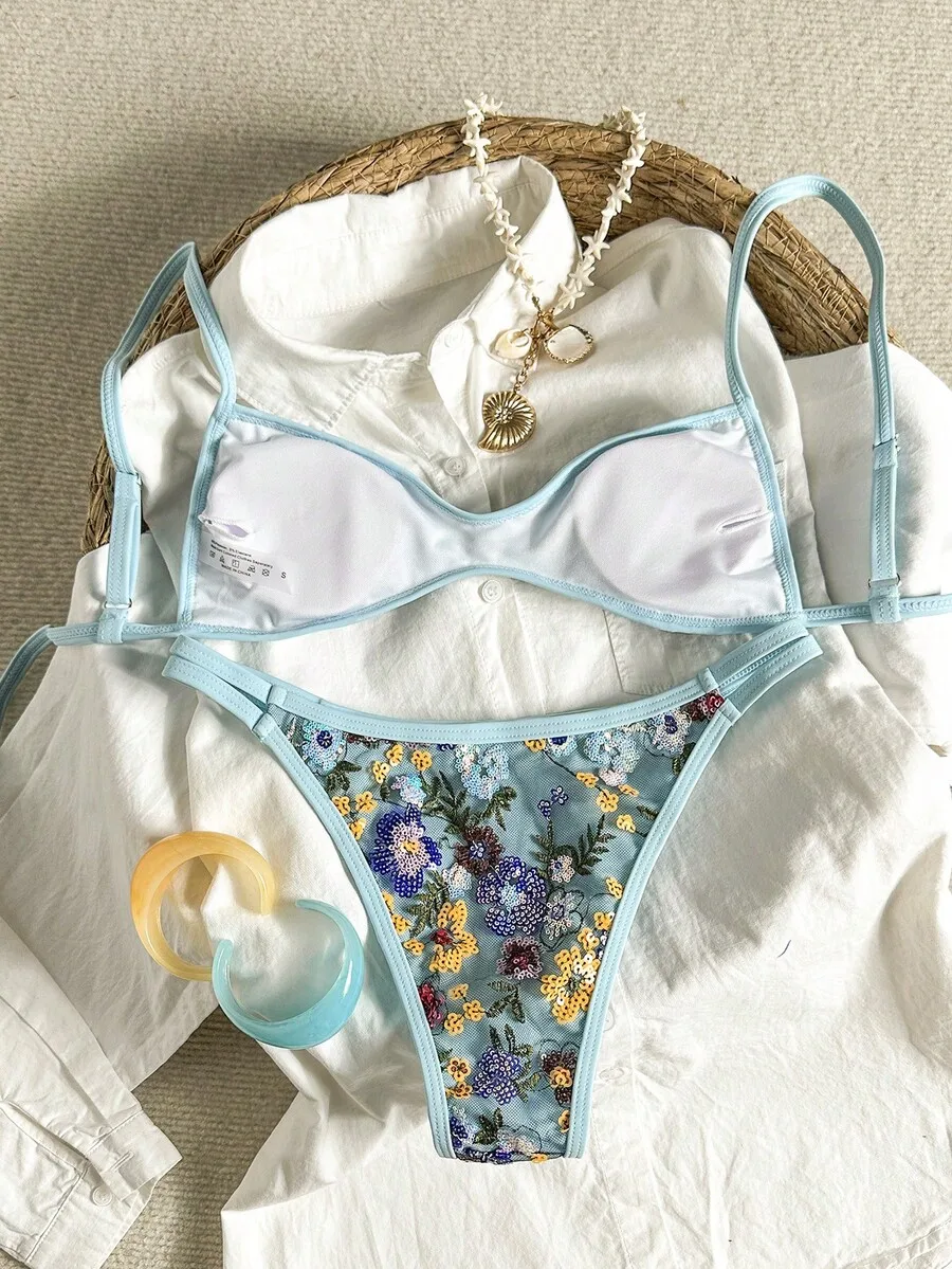 

Womens 2-Piece Sequin Embroidered Floral Bikini Set With Halter Top And Tie Side Bottom