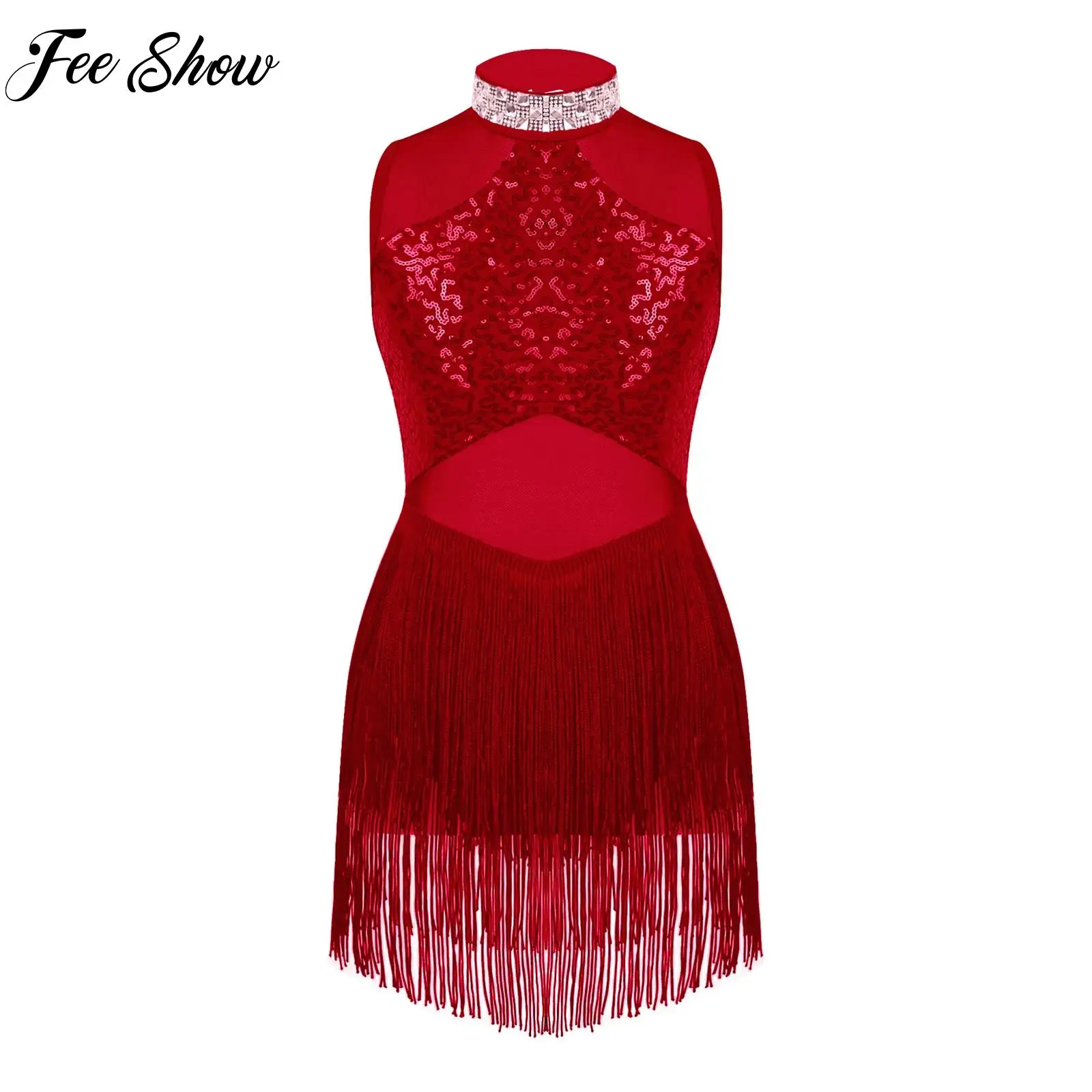 

Children's Rhinestone Jazz Latin Tango Cha-cha Samba Dance Dress Figure Skating Performance Costume Girls Sequins Tassel Leotard