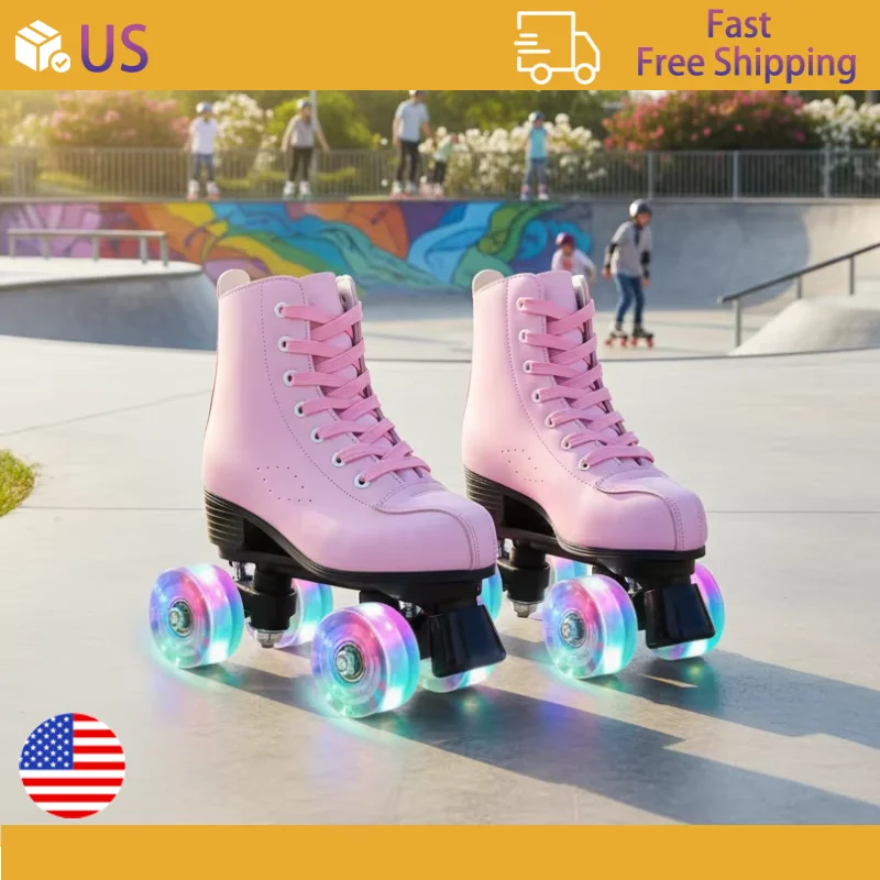 

YYW Женские и мужские двухстрочные кроссовки для взрослых с 4-колесными тренировочными кроссовками Фиолетовые, зеленые, роликовые коньки из искусственной кожи, двухрядные туфли