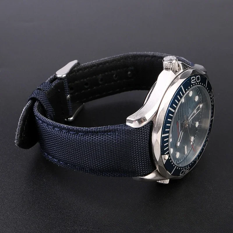 20mm 22mm Curved End Nylon Genuine Leather Watch Band for Omega Planet Ocean Seamaster 300 Speedmaster Canvas Sport Watch Strap