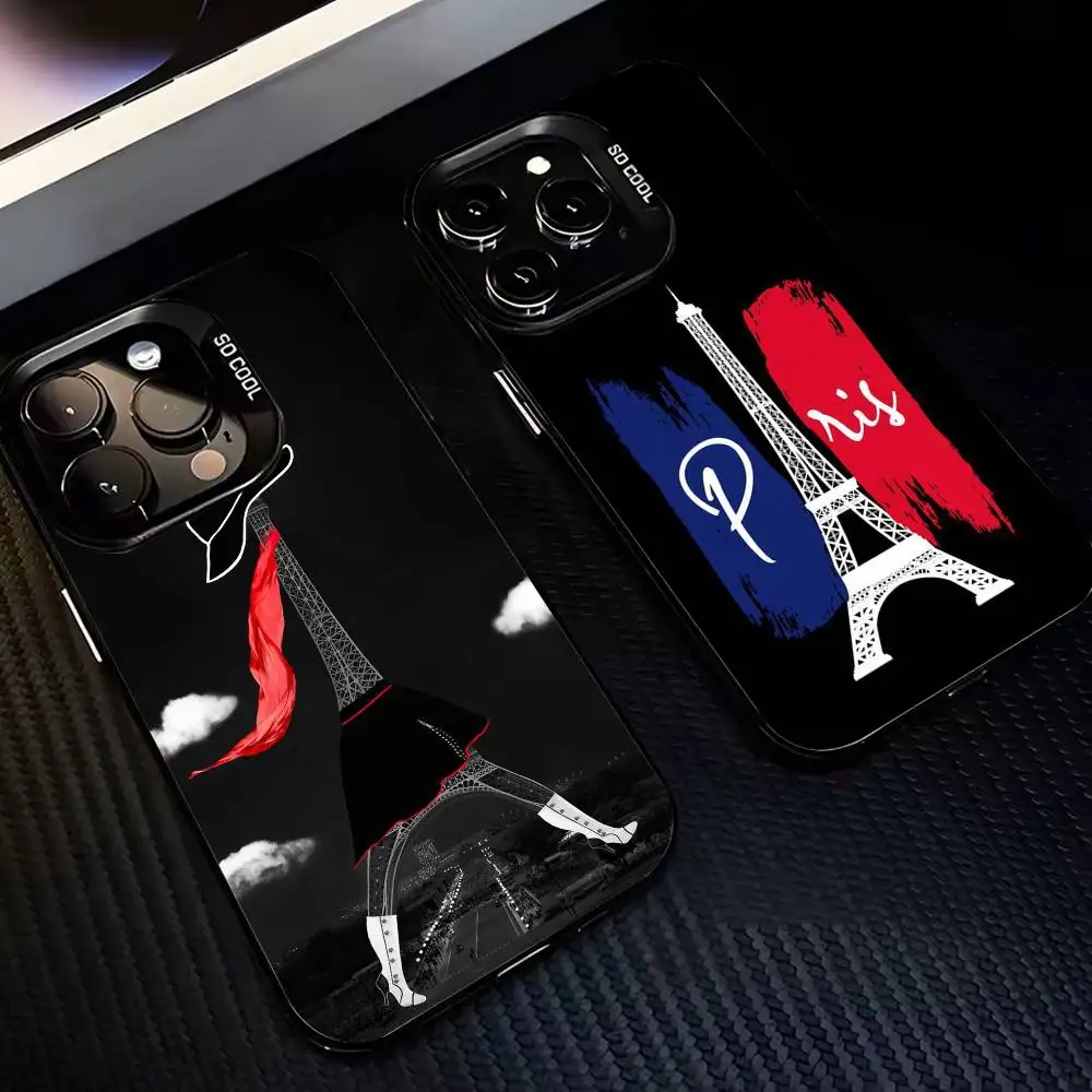 

Paris Eiffel Tower landmark Phone Case For iPhone16 15 14 13 12 Pro Max Grey Black Matte Laser Metallic Aurora Funda