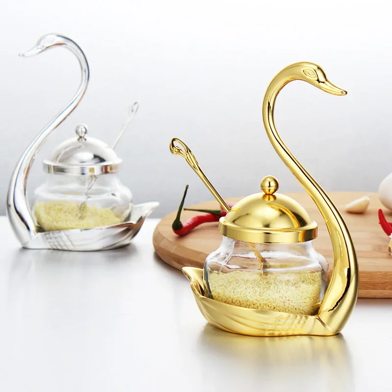 Creative Swan Aluminum Condiment Pot Set Seasoning Container alloy Spice Glass Jar Salt Sugar Bowl Pepper Coffee Organizer