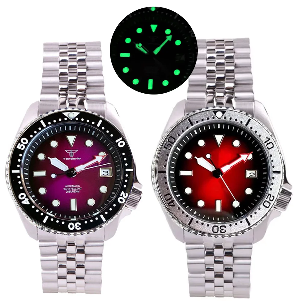 Sunburst Purple/Red Dial Green Lume 41MM NH35 Automatic Wristwatch SKX 3.8 Crown Steel Bracelet 200m Waterproof Reloj 120 Clicks