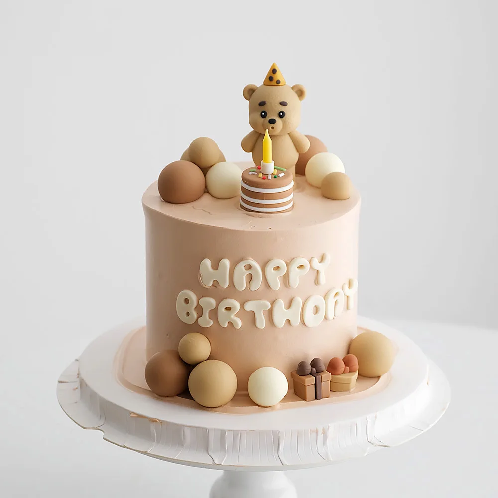 Bear Cake Topper Blowing Candles Bear Beige Brown Balls Gift Boxes for Kids Happy Birthday Cake Toppers Ins Style Cake Deoration