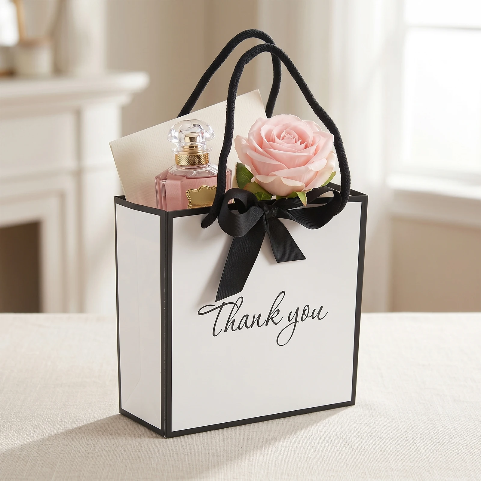 50Pcs Thank You Gift Bag with Handles&Bow Ribbon Versatile Favor Totes Reusable Thank You Printed Paper Bag for Weddings Baby Showers Events Party (50 Black White)
