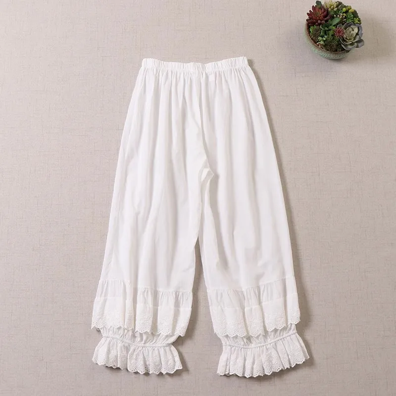 Japanese-Style Mori Girl Sweet Double-Layer Embroidered Lace White Wide-Leg Pants New Loose High-Waisted Casual Pure Cotton Cropped Pants