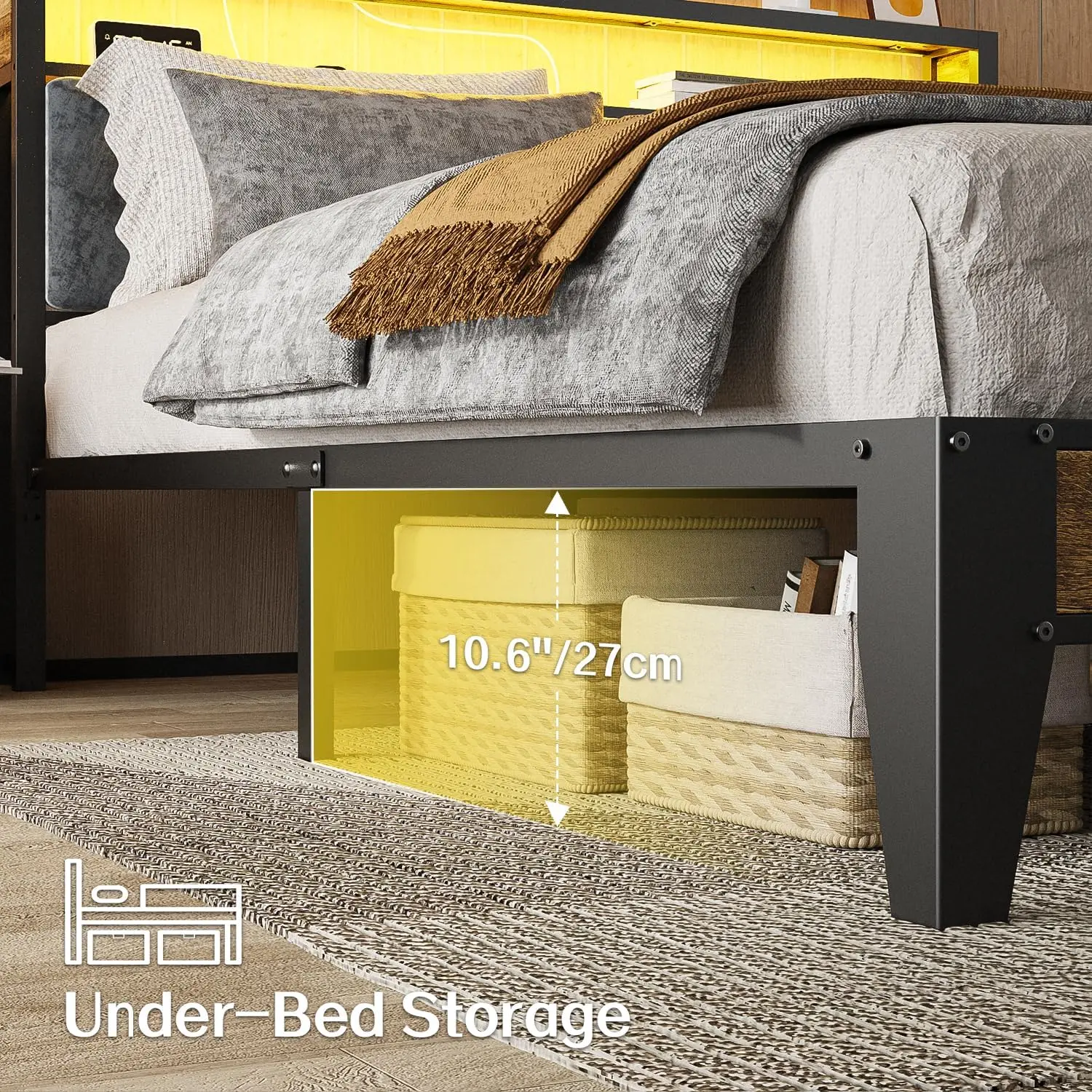 โครงเตียงเต็มพร้อมหัวเตียง เตียงแพลตฟอร์มโลหะ ขนาดเต็มพร้อมที่เก็บของ 2 ชั้น ไฟ LED และแท่นชาร์จ Type C