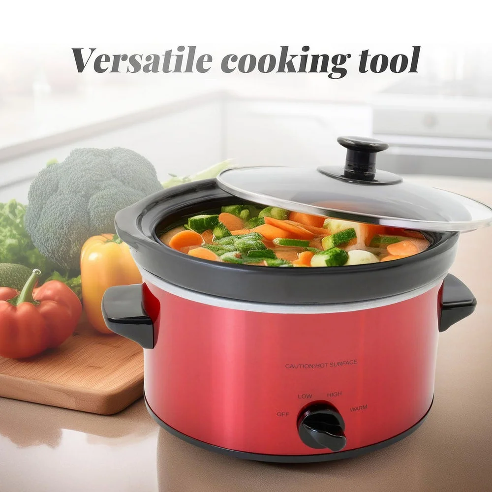 2Qt Oval Slow Cooker with Dishwasher Safe Stoneware Pot Tempered Glass Lid Low High Defrost Settings Family Meals