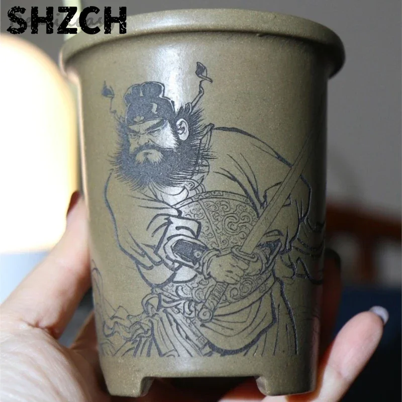 Purple Clay Flower Pot Hand Carved Flower Pot Home Desktop Bonsai Pot Chinese Creative Round Decorative Flower Pot With Holes