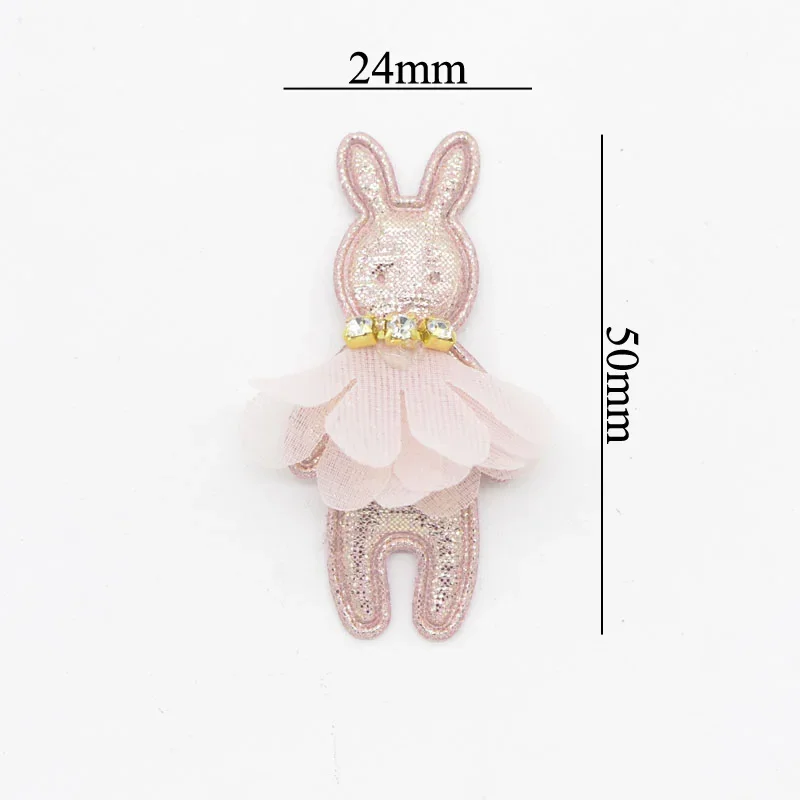 10Pcs 24*50mm Glitter Padded Patches Rabbit with Rhinestone Mesh Skirt Appliques for Clothes Hat Leggings Decor DIY Headwear