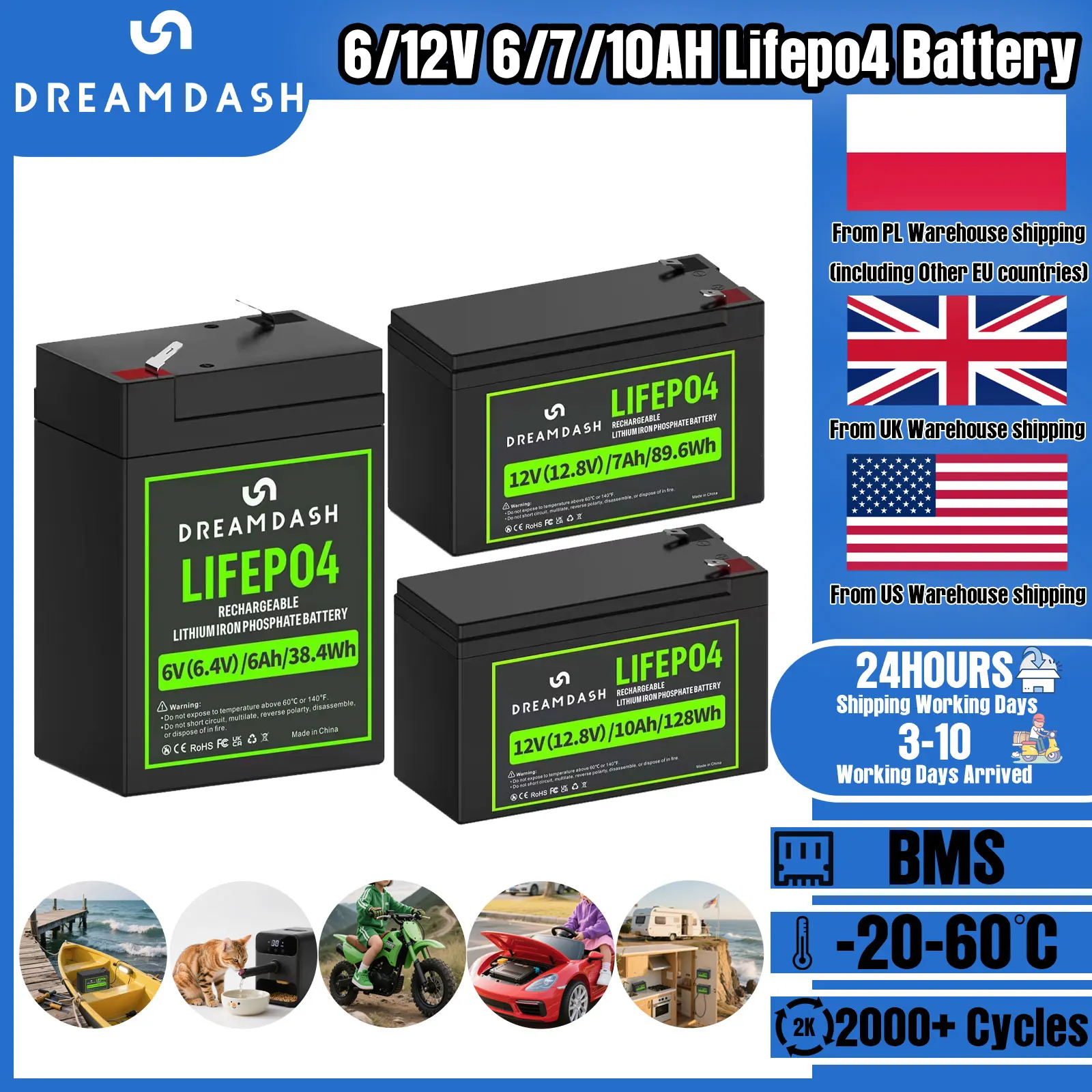 

Dreamdash 12 В 7 Ач/10 Ач LiFePO4 аккумулятор с BMS для автодома/гольф-каров/солнечная система питания/троллинг-мотор/лодка/солнечная 6 В 6 Ач LiFePO4