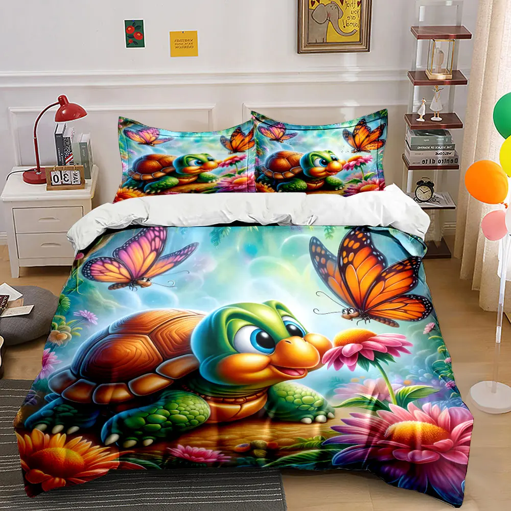 Adorable turtle interacting with butterflies Pattern Duvet Cover Set Digital Print Colorful Polyester Bedding with Zipper Closur