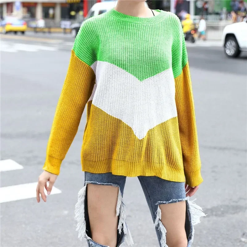 Donne oversize caldo nuovo Color Block maglioni a righe 2021 autunno inverno maglione lavorato a maglia sciolto maglioni da donna pullover femminili