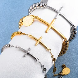 Silver and Gold Color Stainless Steel Jesus Religious Cross Pendant Bead Chain Bracelet For Women Men Fashion Jewelry