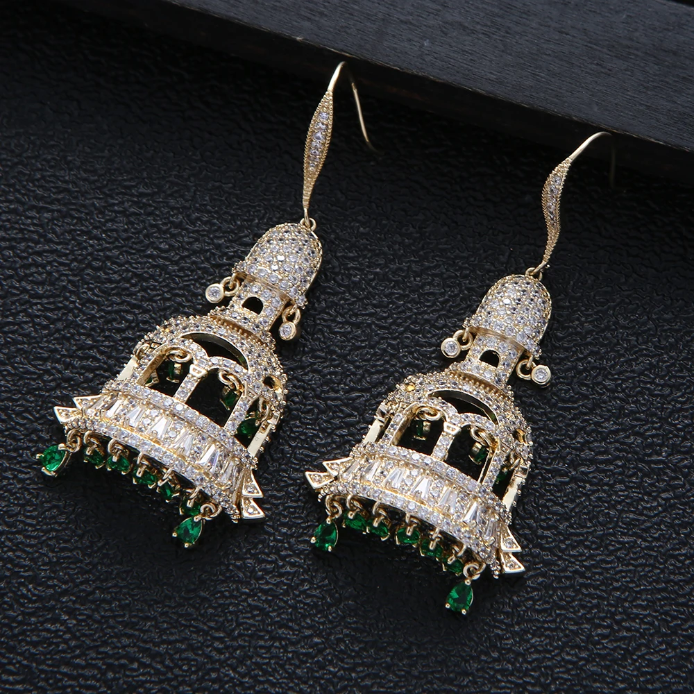 

Luxury Big Bell Water Drop Tassels Long Dangle Earrings For Women Wedding Cubic Zircon Dubai Bridal Drop Earrings E10157