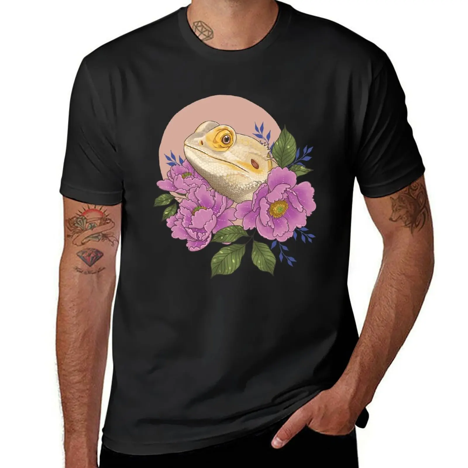 Bearded Dragon with Peonies T-Shirt graphics funnys mens clothes