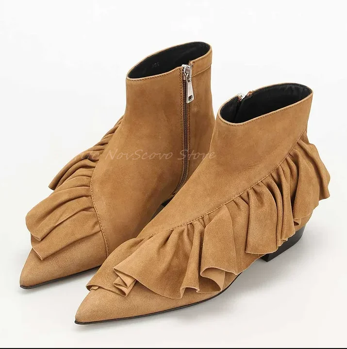 Suede Oversize Ruffle Flat Ankle Boots for Women Autumn Classic Pointed Toe Casual Short Booties Side Zip Sexy Ladies Shoes