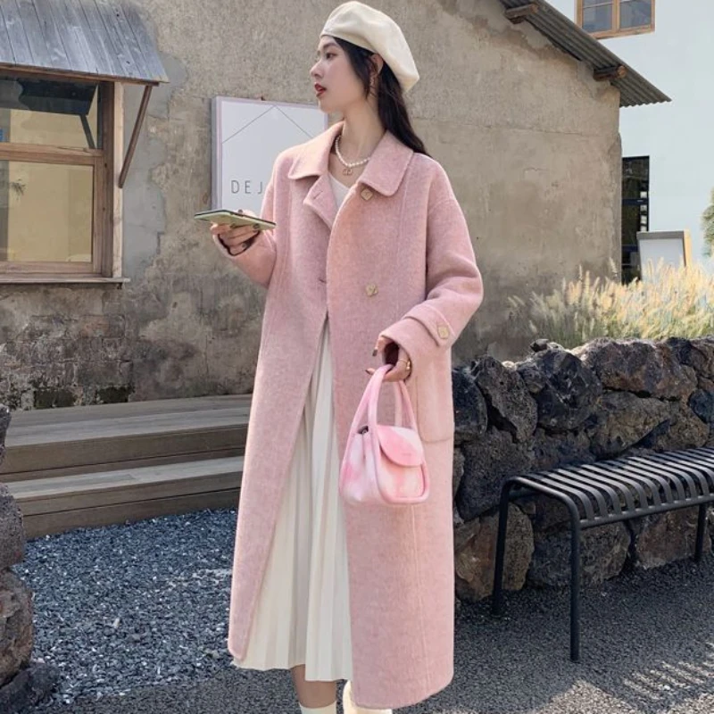 2023 Autumn Winter New High-End Mulberry Silk Rabbit Wool Reversible Cashmere Coat Women Long Temperament High Sense Woolen Coat