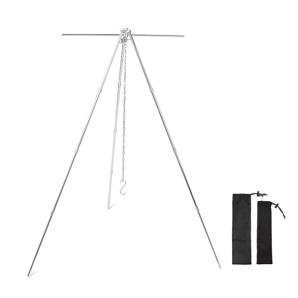 Silver Outdoor Aluminum Alloy Tripod Hanger Storage Rack Portable Crossbar Set Retractable Hanging Pot Bracket