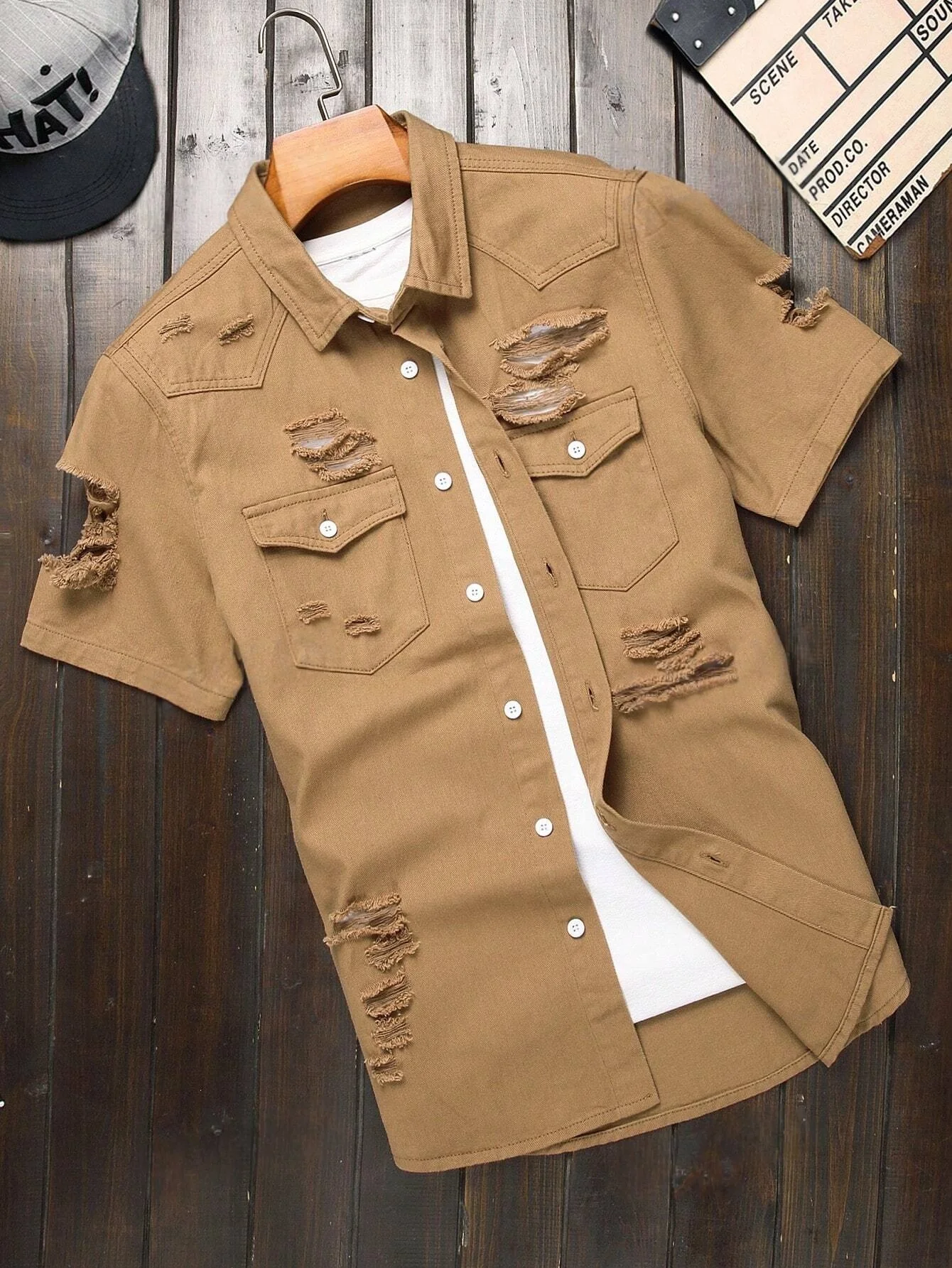 Men's Brown Distressed Ripped Short-Sleeve Denim Shirt, Summer Casual Lapel Button-Up Workwear Blouse with Chest Pocket
