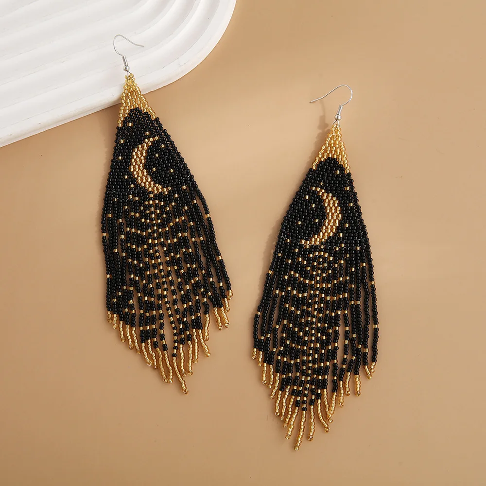 Black Bohemia Alloy Earrings with Tassel Moon Baby's Breath Simple Hand Knitted Fashion Versatile Beaded Jewelry Rice Bead