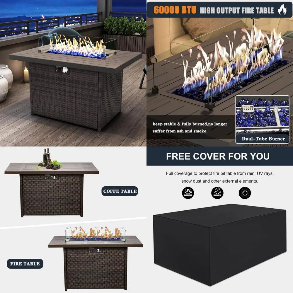 

Rectangular Outdoor Propane Gas Fire Pit Table with 60,000 BTU and Glass Wind Guard for Patio Wicker Rattan Design