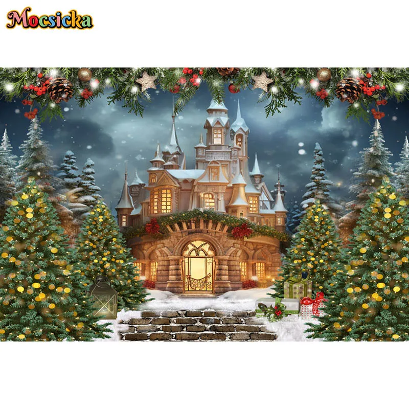 Winter Castle Photography Background Christmas Tree Forest Snow Gravel Road Decor Kids Family Portrait Backdrops Photo Studio