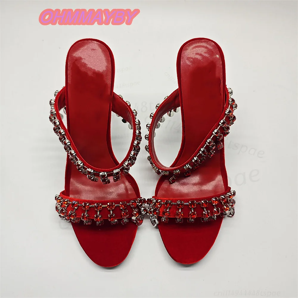 Red Rhinestone Mules for Women Open Toe Stiletto Heels Dual Straps Suede Look Backless Slip On Evening Wedding Party Dress Shoes