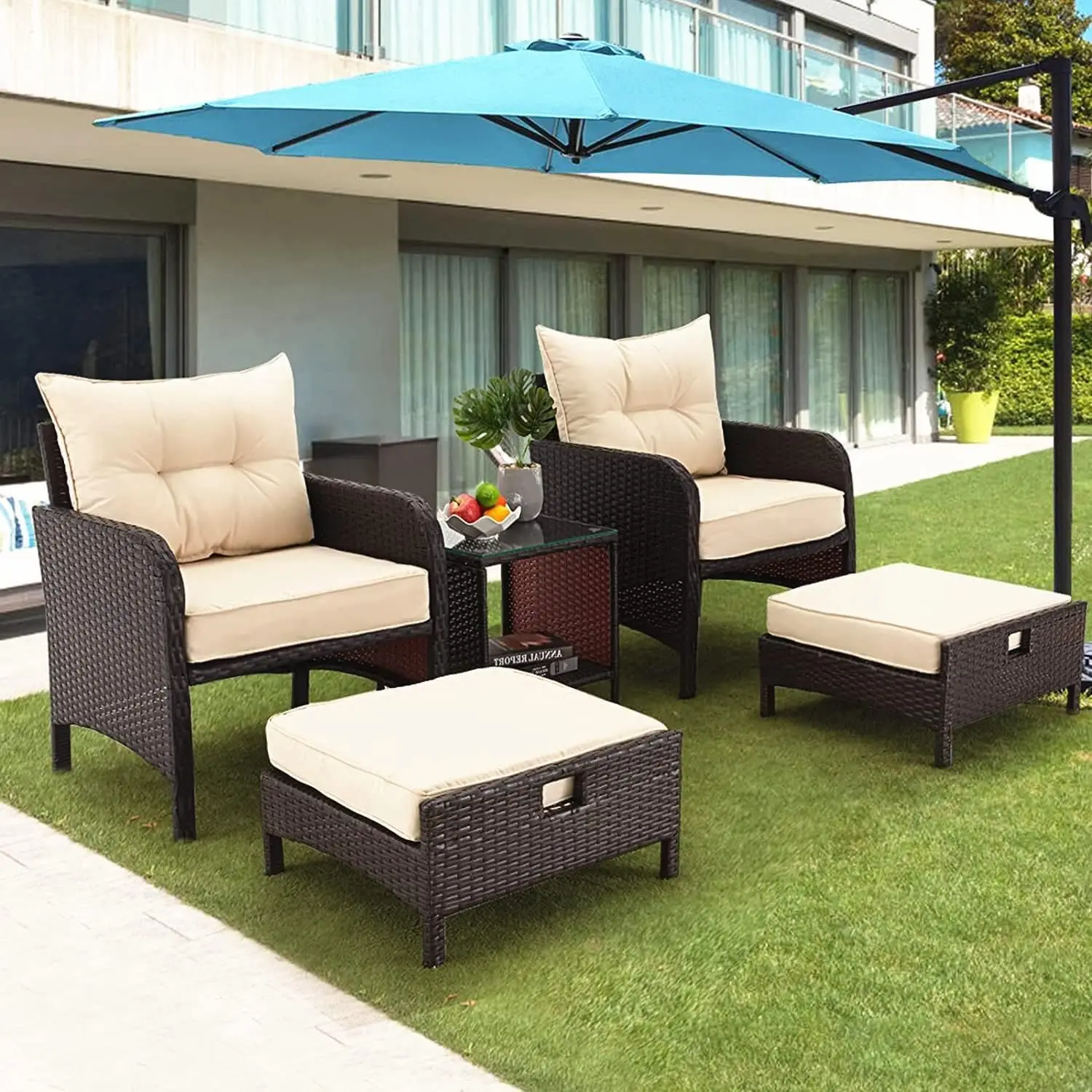 Patio Furniture Set, Outdoor Rattan Chairs with Tempered Glass Coffee Table, Ottomans & Soft Cushions, Wicker Conversation  Set